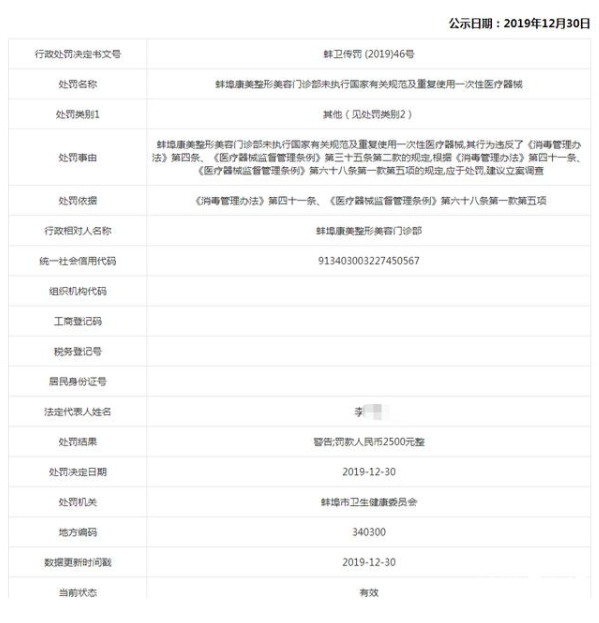 蚌埠康美整形美容門診部重復使用一次性醫療器械被公示