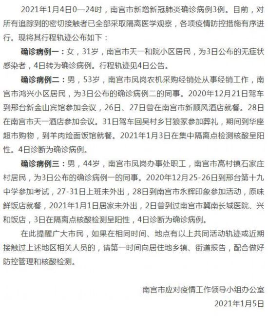 河北省南宮市新增新冠肺炎確診病例3例行程軌跡公布